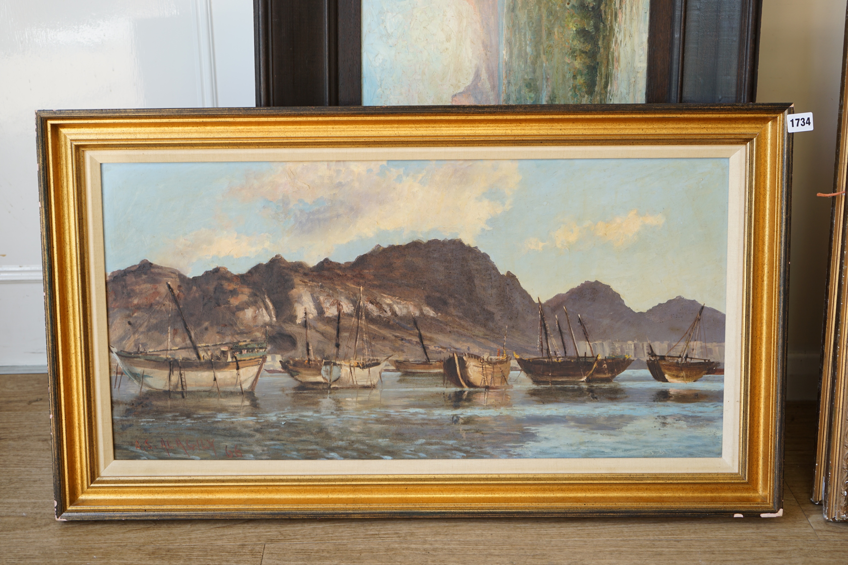 A.S. Al Agily, oil on board, Shipping moored off the coast, signed and dated '66, 39 x 80cm. Condition - good, would benefit from a clean